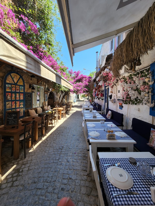 Alaçatı, Çeşme - Mavi-beyaz örtülü masalarla restoran